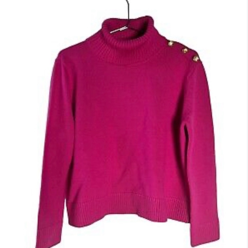 Tuckernuck Hot Pink Turtleneck Sweater 100% wool gold buttons